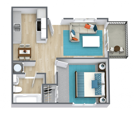 a stylized floor plan with a bedroom a bathroom a patio and a living room